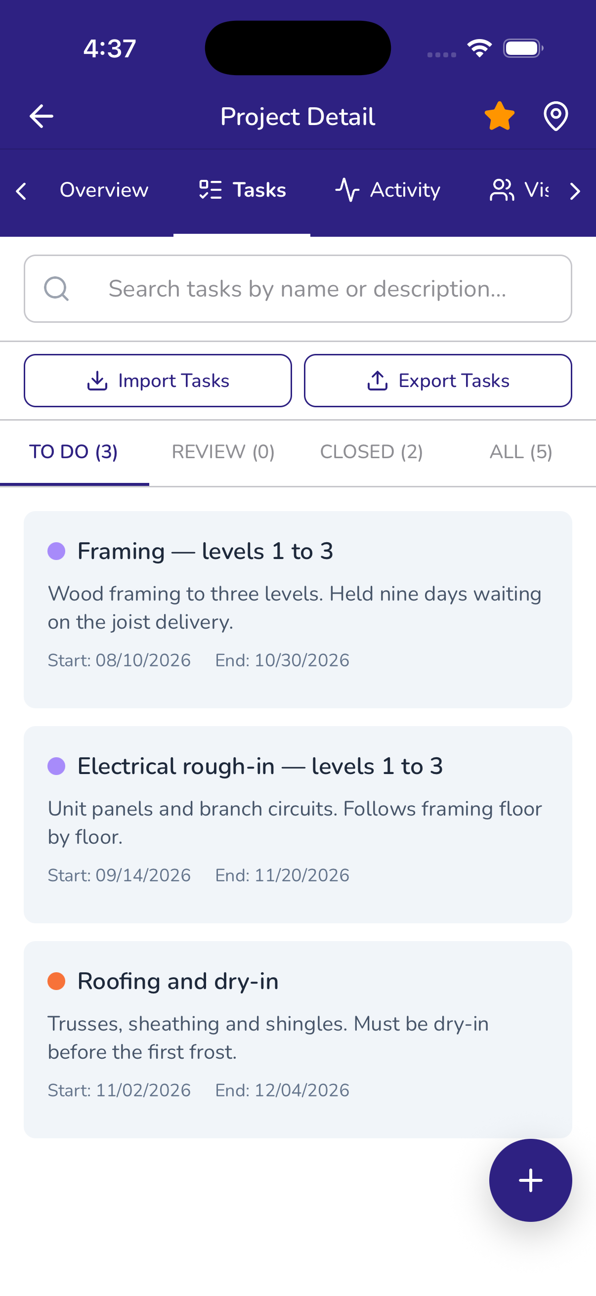 The ZenHammer app showing task details for a job site check-in
